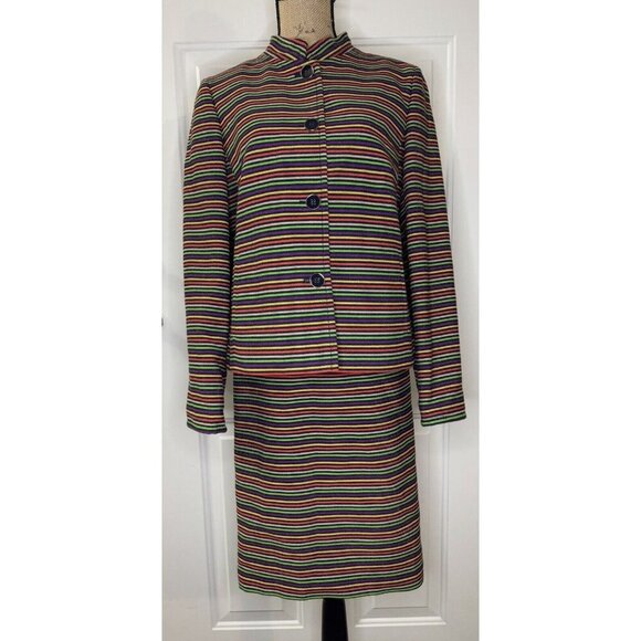 TALBOTS Two Piece Pencil Skirt Suit Set Rainbow Striped Career Office Formal 10 - Picture 2 of 15